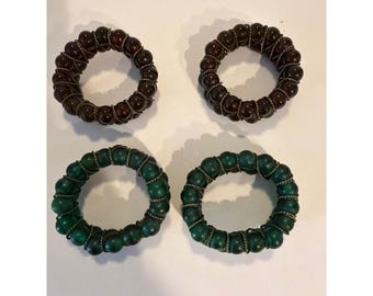 Set of 4 Vintage resin Bead Wire Wrapped Napkin Rings Brown Green Rustic Decor
