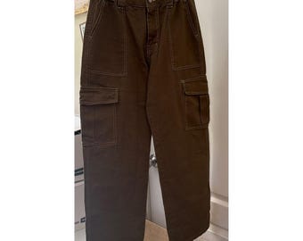 Brown Contrast Stitch Cargo Pants Wide Leg Utility Trousers Size M 30 Inseam