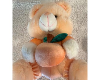 Vintage Peach Bear Plush Stuffed Animal Holding Fruit Orange White 80s Retro