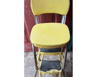 Krzesło Vintage Marsh Allan Step Stool Yellow Chrome Kitchen Mid Century Modern
