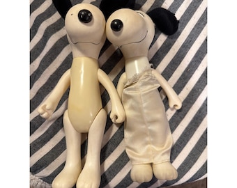 Set di 2 bambole snodabili vintage Knickerbocker di Snoopy e Belle dei Peanuts, anni 1958-1966.