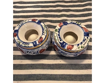 Vintage Hand Painted Ceramic Windproof Ashtray Set Mediterranean Floral Blue 2pc