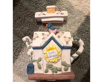 VTG Miniature Birdhouse Deco Teapot Bird Watching Floral Ceramic Cottagecore