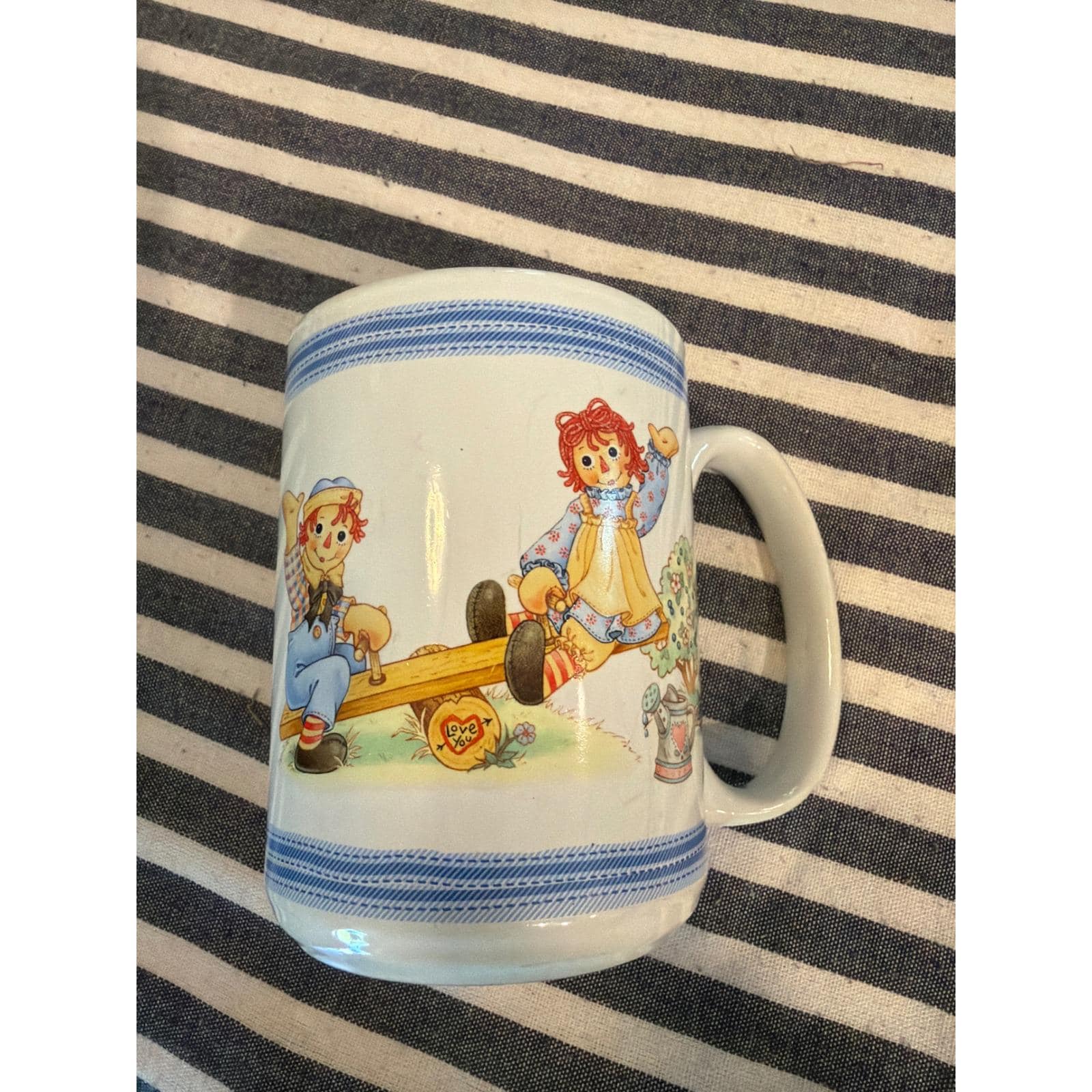 Raggedy Ann and Andy Houston Harvest Ceramic Coffee Mug Blue White