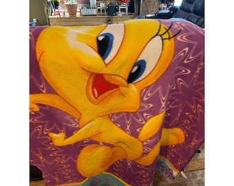 Vintage Looney Tunes Tweety Bird fleece deken paars jaren 90 Warner Bros