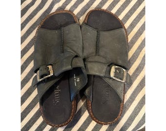 Sandalias planas de cuero verde vintage con hebilla, estilo sencillo, para mujer, talla 7B, Gorpcore 1997