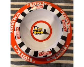 Vintage 2003 Tonka Melamine Plate and Bowl Set Fire Truck Bulldozer Vehicles