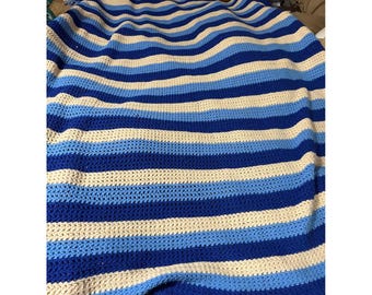 Vintage Handmade Crochet Striped Throw Blanket Blue Cream Nautical Afghan