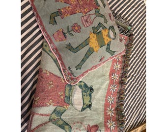 Kelly B Rightsell Scene Weaver Frog Tapestry Blanket and Pillow Set USA VTG