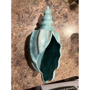 Vintage Turquoise Ceramic Conch Shell Planter USA Pottery 260 Blue Coastal Decor