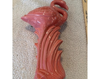 Jarrón de cerámica vintage con flamenco rosa, decoración tropical retro de mediados de siglo, 8.5"