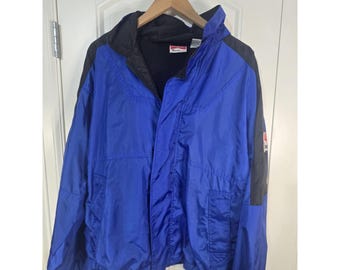 Vintage Marlboro Unlimited Windbreaker Jacket Blue Black Packable Hood Mens XL