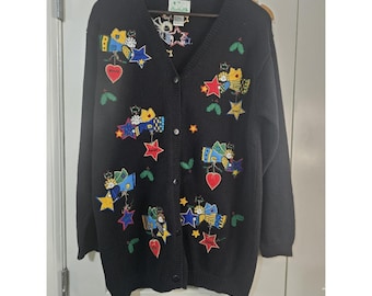 VTG Quacker Factory Damen Schwarz Gestickte Engel Stern Herz Strickjacke Große EUC