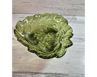 ヴィンテージ インディアナ グラス ローガンベリー パターン グリーン グラス ボウル キャンディ ディッシュ