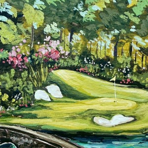 May include: An impressionistic painting of a golf course scene. The artwork features a green fairway, white sand traps, and a flag. Lush green foliage and pink flowers frame the course, with a bridge in the foreground.