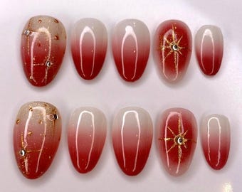 Elegant Red Ombré Press-On Nails with Gold Chrome & Star | Almond Shape | Luxury Handmade Nails