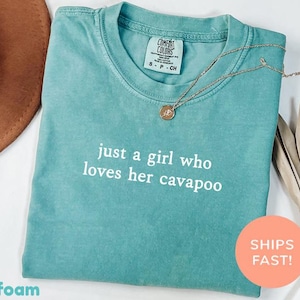 May include: Seafoam green Comfort Colors t-shirt with the text "just a girl who loves her cavapoo" in white. A gold necklace with a pendant rests on the shirt. The shirt is folded and displayed on a white surface.