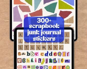 Peut inclure: Deux tablettes numériques affichant des autocollants de scrapbooking et de journal intime. La tablette supérieure montre des formes de papier déchirées de différentes couleurs. La tablette inférieure affiche des lettres de l'alphabet et des tuiles de Scrabble. Le texte "300+ autocollants de scrapbooking junk journal" est visible.