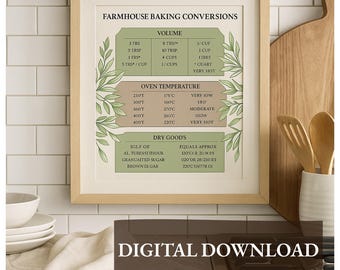 Farmhouse Baking Conversion Chart | Rustic Kitchen Wall Art Printable | Cooking Measurements Guide | Digital Download