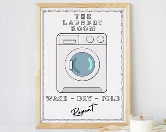 Laundry Room Poster, Wash, Dry, Fold, Repeat: Funny Washing Machine Wall Art