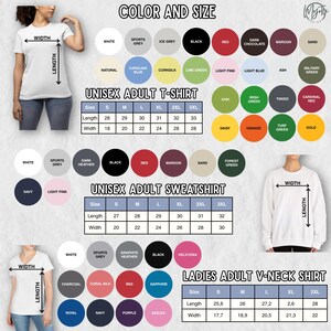 May include: Image showcasing a size and color chart for unisex adult t-shirts, sweatshirts, and ladies' adult V-neck shirts. The chart includes a variety of colors and size options from small to 3XL. Measurements are provided in inches for length and width.