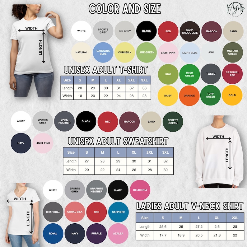 May include: Image showcasing a size and color chart for unisex adult t-shirts, sweatshirts, and ladies' adult V-neck shirts. The chart includes a variety of colors and size options from small to 3XL. Measurements are provided in inches for length and width.