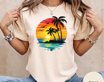 Retro Sunset Palm Tree Shirt, Tropical Beach Summer Vacation Tee