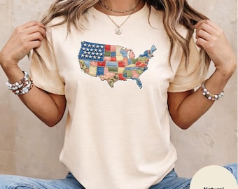 Patchwork USA Map Shirt, Patriotic Americana Graphic Tee, Fourth of July Apparel