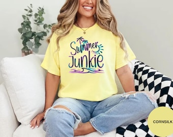 Summer Junkie Neon Graphic T-Shirt, Retro Beach Vacation Tropical Palm Tree Tee