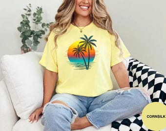 Retro Palm Tree Sunset Shirt, Tropical Beach Tee, Vintage Summer Vacation Coastal Graphic