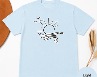 Minimalist Beach Sunset Graphic Tee, Coastal Line Art Summer Vacation Shirt