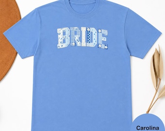 Blue Floral Patchwork Bride Shirt, Bridal Shower Bachelorette Tee