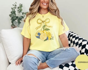 Patchwork Lemon Bow Shirt, Summer Citrus Graphic Tee, Cottagecore Farmers Market Apparel