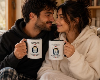 Personalized Penguin Couple Mug, Custom Anniversary Coffee Cup, Romantic Gift