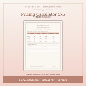 May include: A digital pricing calculator worksheet titled Pricing Calculator 5x5 Inside Page 3, featuring a table with columns for scenario, monthly, annual, net per month, and at 100 paid, plus blank fields for monthly and annual starting prices.