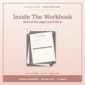 May include: A digital workbook with a light pink background featuring the text Kennedy Rose Digital Creator Studio, Inside The Workbook, three of the pages you'll fill in, Pricing & Bundle Matrix, and Pre-Launch Waitlist Plan on paper sheets.