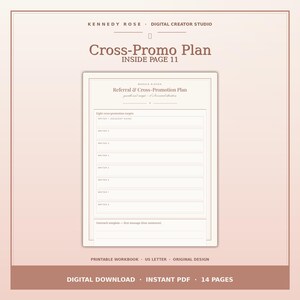 May include: A digital workbook page titled Cross-Promo Plan, featuring a Referral & Cross-Promotion Plan template with eight target slots and an outreach template section. The document is designed in a soft, muted rose color palette with clean lines.