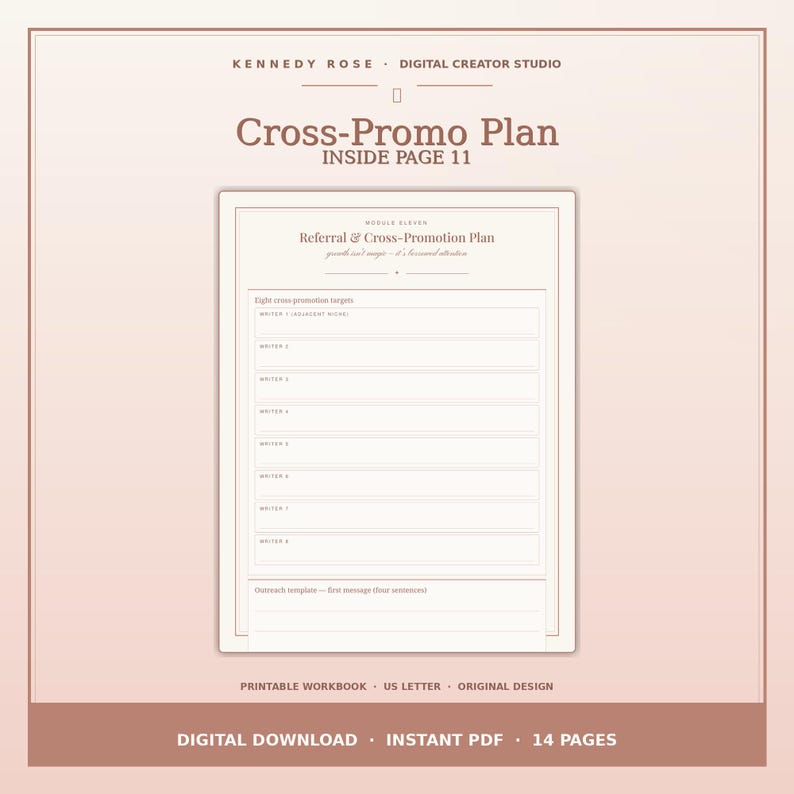 May include: A digital workbook page titled Cross-Promo Plan, featuring a Referral & Cross-Promotion Plan template with eight target slots and an outreach template section. The document is designed in a soft, muted rose color palette with clean lines.