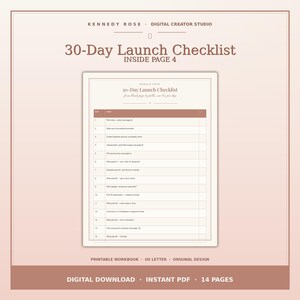 May include: A digital 30-Day Launch Checklist workbook in a soft rose and white color palette. The document features a structured table with numbered days and task columns, titled Kennedy Rose Digital Creator Studio, US Letter size, 14 pages.