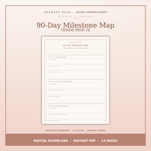 May include: A 90-Day Milestone Map printable workbook page with a soft pink background. The document features sections for Day 30, Day 60, and Day 90, with fields for milestones, tasks, and check-ins. Text includes Kennedy Rose Digital Creator Studio.