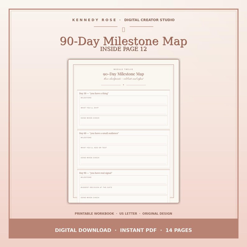 May include: A 90-Day Milestone Map printable workbook page with a soft pink background. The document features sections for Day 30, Day 60, and Day 90, with fields for milestones, tasks, and check-ins. Text includes Kennedy Rose Digital Creator Studio.