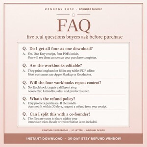 May include: A light pink digital information graphic titled Kennedy Rose Founder Bundle FAQ. It lists five questions and answers regarding download format, editability, content, refund policy, and sharing, with text at the bottom about instant download.