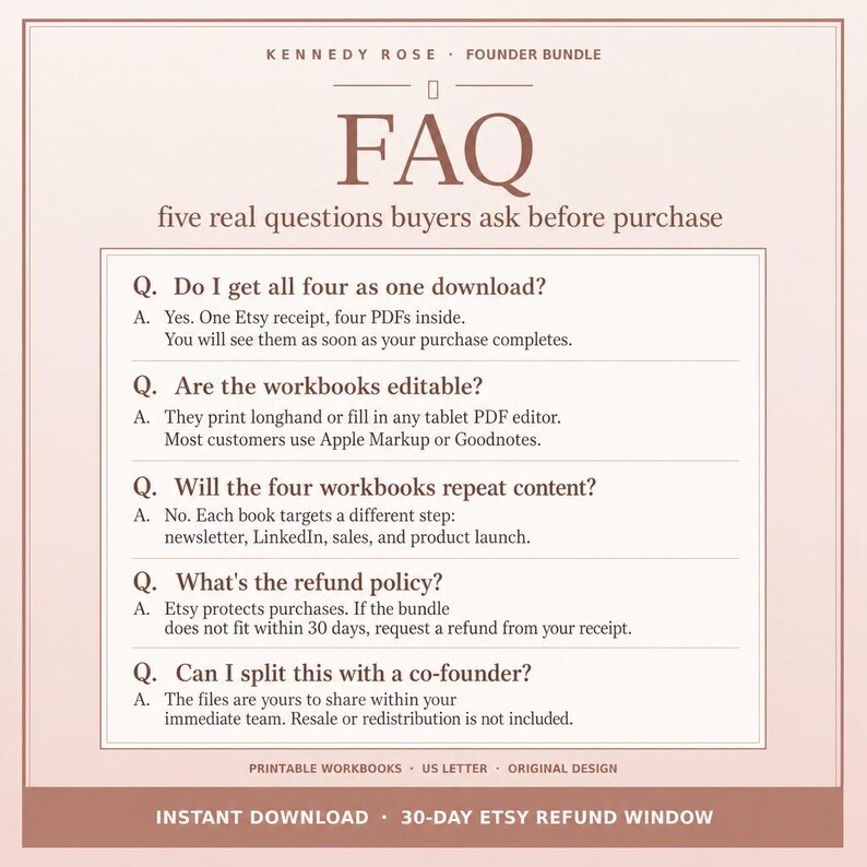 May include: A light pink digital information graphic titled Kennedy Rose Founder Bundle FAQ. It lists five questions and answers regarding download format, editability, content, refund policy, and sharing, with text at the bottom about instant download.