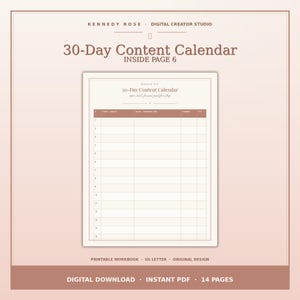 May include: A digital 30-Day Content Calendar workbook in US Letter size. The document features a table with columns for topic, angle, hook, opening line, format, and status. The design uses a soft rose-toned color palette with clear text.