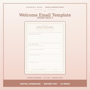 May include: A digital welcome email template document titled Kennedy Rose Digital Creator Studio, featuring a page layout with sections for subject line options, body text, greeting, positioning, and sign-off, presented in a soft blush color palette.