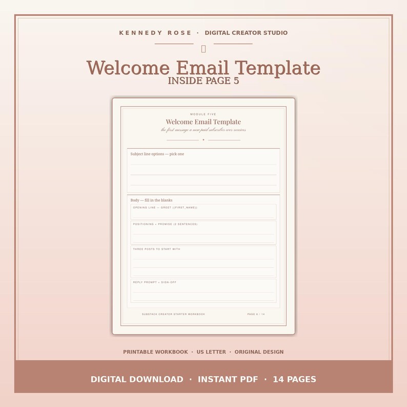 May include: A digital welcome email template document titled Kennedy Rose Digital Creator Studio, featuring a page layout with sections for subject line options, body text, greeting, positioning, and sign-off, presented in a soft blush color palette.