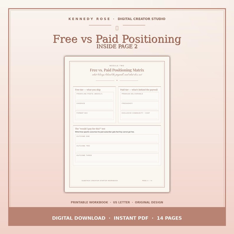 May include: A digital workbook page titled Free vs. Paid Positioning with a matrix layout. The document includes sections for Free tier and Paid tier details, plus a Would I pay for this test section with three outcome fields in a soft beige color.