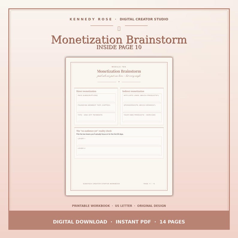 May include: A digital workbook page titled Monetization Brainstorm, featuring sections for direct and indirect monetization strategies, including paid subscriptions, affiliate links, and sponsorships, with a reality check section for focus areas.