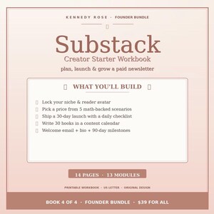 May include: A digital workbook titled Substack Creator Starter Workbook by Kennedy Rose. The document outlines a plan to launch a paid newsletter, featuring a checklist of 14 pages and 13 modules, including niche identification and content calendars.