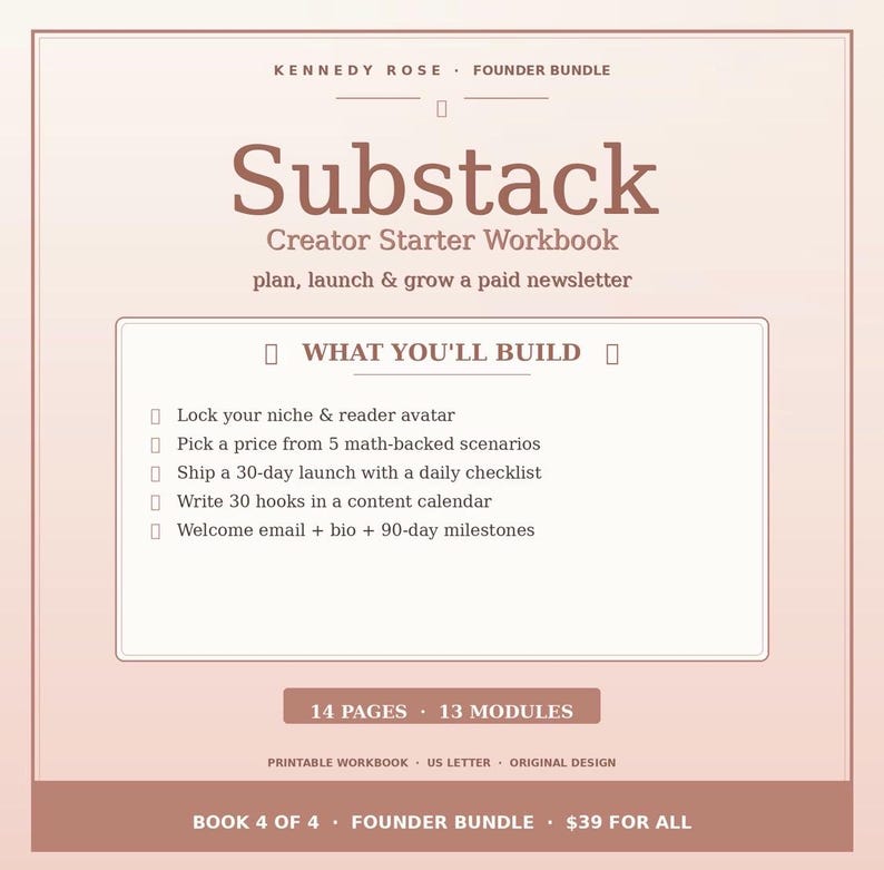 May include: A digital workbook titled Substack Creator Starter Workbook by Kennedy Rose. The document outlines a plan to launch a paid newsletter, featuring a checklist of 14 pages and 13 modules, including niche identification and content calendars.